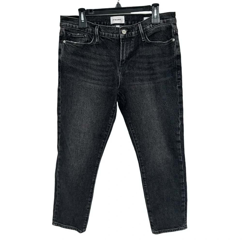 FRAME Le Garçon Cropped Jeans Sz 8 Black Distressed - Picture 2 of 10